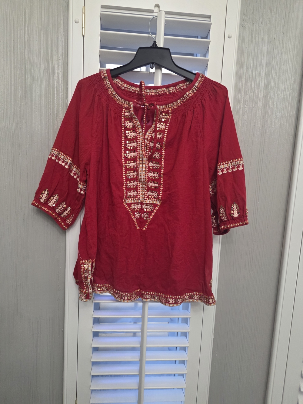 Embroidered Red Women's Peasant Top